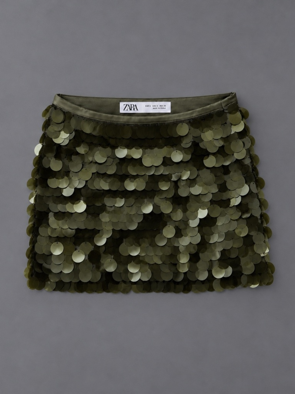 ZARA Olive Green Oversized Sequin Mini Skirt Size S